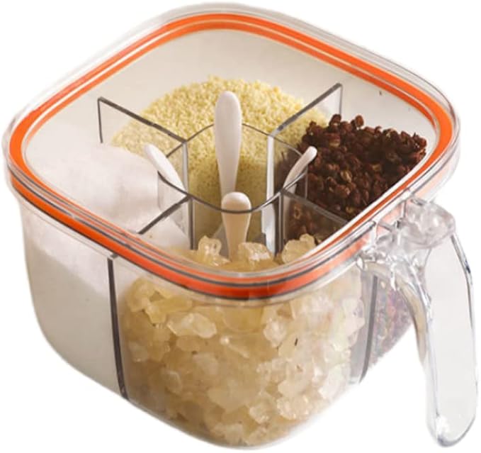 Clear Plastic Condiment Jars - 4 Compartment Set with Lid, Cover and Serving Spoons for Salt, Pepper, Powder
