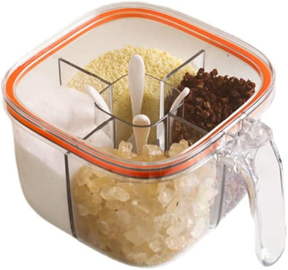 Clear Plastic Condiment Jars - 4 Compartment Set with Lid, Cover and Serving Spoons for Salt, Pepper, Powder