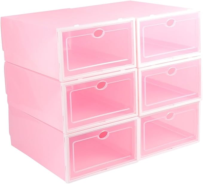 Holibanna 6pcs Thickened Stackable Shoe Boxes with White Frame Pink Plastic Shoe Storage Containers for Men’s Closet Organization