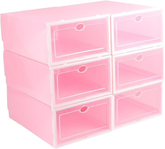 6pcs Thick Shoes Storage Box Plastic Shoe Container Stackable with White Frame Pink for Men Closet Organization