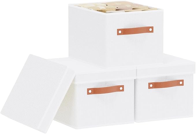 Fabric Storage Boxes with Lids, 10.2×7.8×6.7 Inch Clothes Bins for Shelves, Closet Organizers for Organizing with Handles, White, 3-Pack