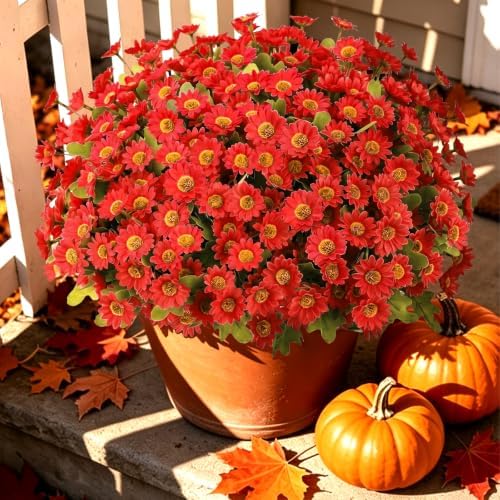 Artificial Daisy Mums for Outdoors, 12 PCS Fall Flowers, Red by JulakoOnline