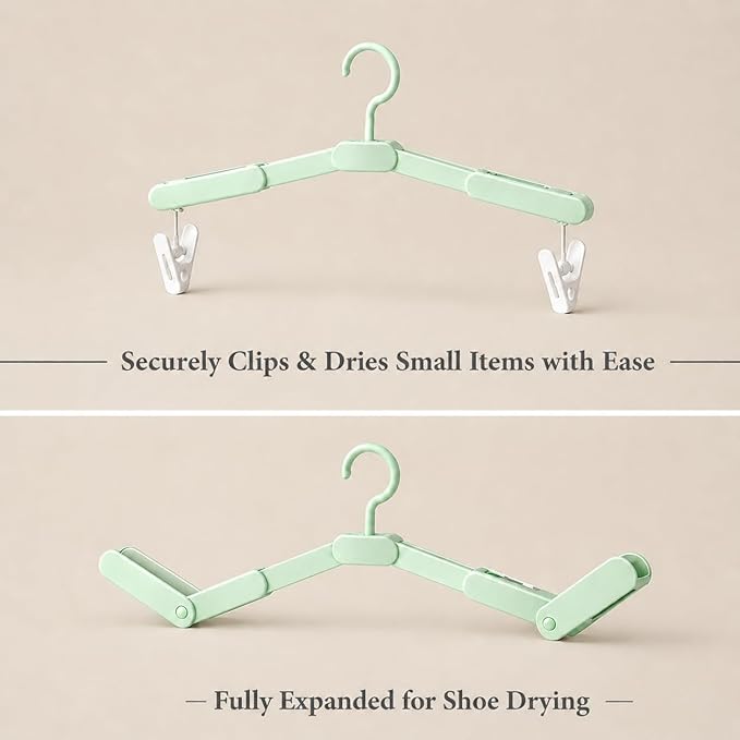 6 Pack Foldable Travel Hangers with 12 Clips, Portable Collapsible Clothes Hanger for Travel, Cruise, Hotel, Camping, Dorm, Space Saving Laundry Solution for Small Spaces (Light Green)