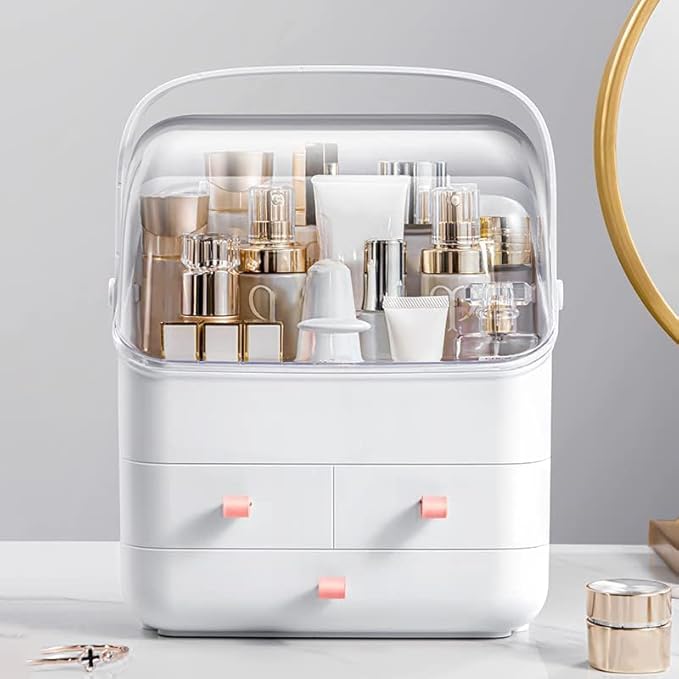 LINFIDITE Cosmetic Storage Box with Lid Makeup Organizer Box with Dust Free Cover Portable Handle,Large Makeup Display Case with Drawers Fully Open Lid,Great for Dresser Bathroom Countertop
