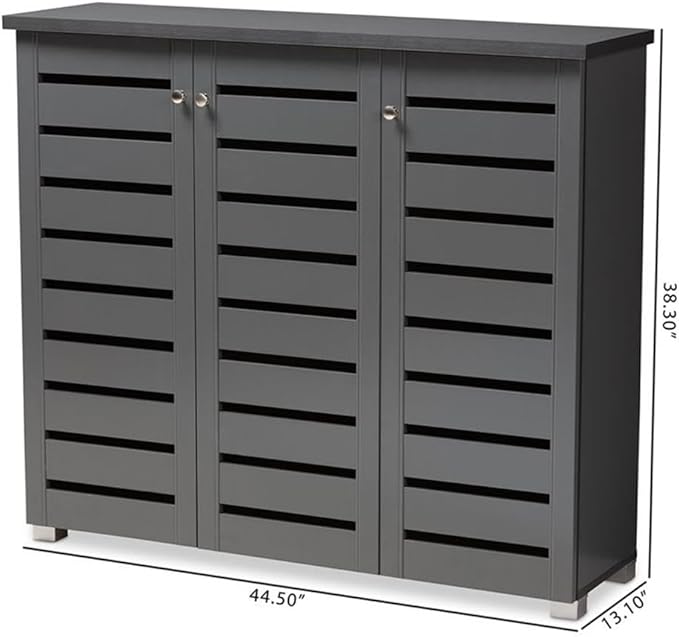BOWERY HILL 3-Door Wood Entryway Shoe Cabinet, Dark Gray Finish, Engineered Wood Construction, Ventilated Slatted Doors, Holds 20 Pairs, Contemporary Style Shoe Storage for Entryway or Hallway Use