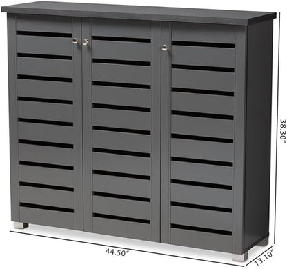 BOWERY HILL 3-Door Wood Entryway Shoe Cabinet, Dark Gray Finish, Engineered Wood Construction, Ventilated Slatted Doors, Holds 20 Pairs, Contemporary Style Shoe Storage for Entryway or Hallway Use