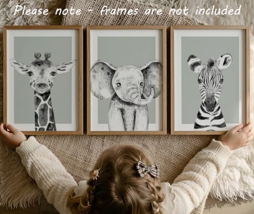 Safari Animals Baby Girl Boy Set of 3 Nursery Unframed Prints, Bedroom Decor Wall Art Posters, Black and White Elephant Giraffe Zebra, Green Background (8x10) - Image 4