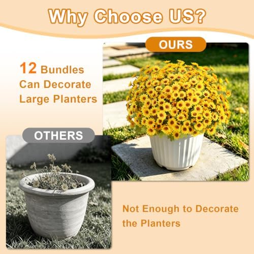 Artificial Daisy Mums for Outdoors, 12 PCS Fall Flowers, Yellow - Image 3