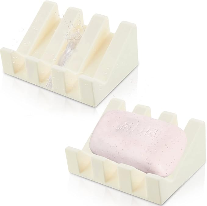 Cunhill 2 Pieces Silicone Soap Dish Self Draining Soap Dish Shower Waterfall Bar Soap Holder Tray with Drain Soap Saver for Kitchen Bathroom Accessories (Cream White)