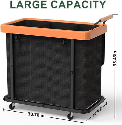 230L (60 Gal) Extra Large Fashion Laundry Sorter 3 Section with Lid, Rolling Laundry Basket Hamper with Handle, Laundry Organizer Storage Cart with Sturdy Metal Frame for Laundry Room, Hotel, Black
