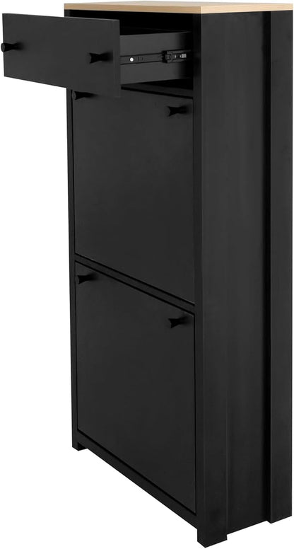 Modern Shoe Cabinet with 2 Flip Doors and 1 Storage Drawer Free-Standing Wooden Shoe Rack Shoe Storage Organizer for Entryway Hallway Small Space(Black&Natural)