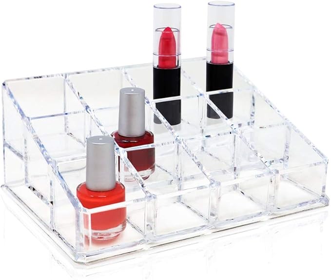 Isaac Jacobs Clear Acrylic 12 Compartment Nail Polish Holder, Organizer for Makeup, Essential Oils, Storage Solution, Rack Display (3 Rows (x4))