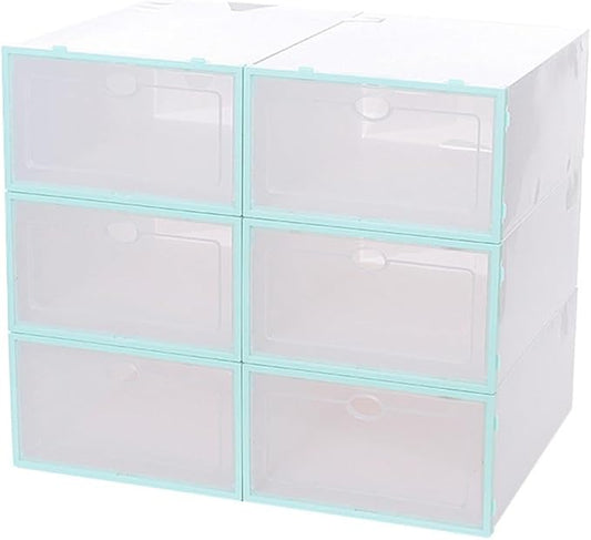 6pcs Men’s Stackable Thickened Plastic Shoe Boxes with Blue Frame, Shoe Storage Containers for Closet Organization and Travel