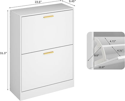 JOZZBY Shoe Cabinet Storage for Entryway, Freestanding Narrow Slim Shoe Organizer Cabinet with 2 Flip Drawers, Wooden Shoe Rack for Hallway, Living Room, White