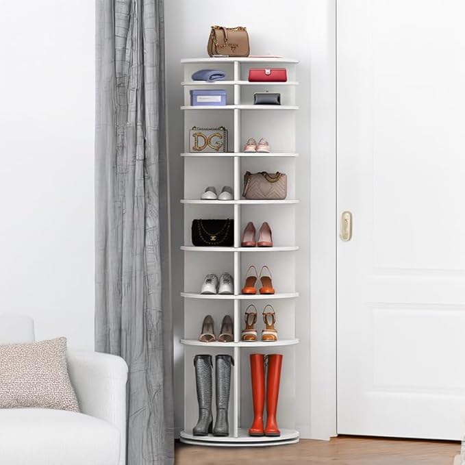 Runboll 8-Tier Rotating Shoe Rack Tower Spinning Shoe Display Lazy Susan Tower, Shoe and Vertical Handbag 360 Revolving Storage Organizer Rack for Living Room Entryway Doorway