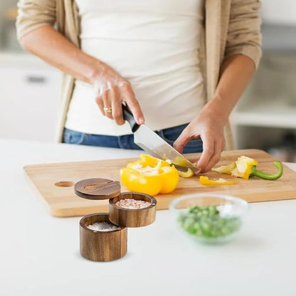 Wooden Salt Box with Magnetic Swivel Lid, Acacia Wood, Dual Compartments, 9x10.5cm, Kitchen Storage Container with Spoon