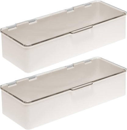 mDesign Long Plastic Cosmetic Storage Organizer Box Containers, Hinged Lid for Bedroom, Bathroom Vanity Shelf or Cabinet, Holds Masks, Palettes, Lotion, Nail Polish, 2 Pack, Cream/Beige/Clear