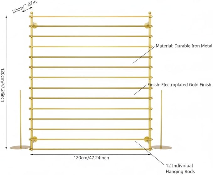 DYRABREST Wall Mounted Ribbon Organizer Rack, Metal Wrapping Paper Organizer Storage, Removable 12-Tier Hijab Organizer, 80lbs Load Capacity for Home, Craft Room, Flower Shop (Gold, 47.2 x 47.2 in)