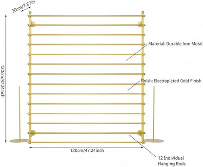 DYRABREST Wall Mounted Ribbon Organizer Rack, Metal Wrapping Paper Organizer Storage, Removable 12-Tier Hijab Organizer, 80lbs Load Capacity for Home, Craft Room, Flower Shop (Gold, 47.2 x 47.2 in)