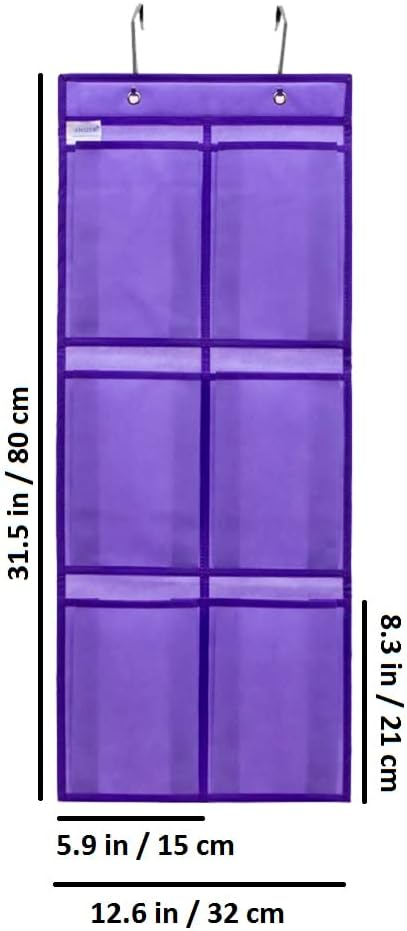Over The Narrow Door Shoe Organizer Hanging 6 Large Fabric Pockets Back Door Shoe Holder for Closet with 2 Hooks (PURPLE)