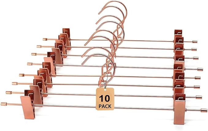 13.8" Rose Gold Pants Clothes Hangers, 10 Pack Trouser Hangers with Clips Metal Trouser Clip Hangers,Heavy Duty Metal Wire Adjustable Clips Bottom Trousers Legging Organizer