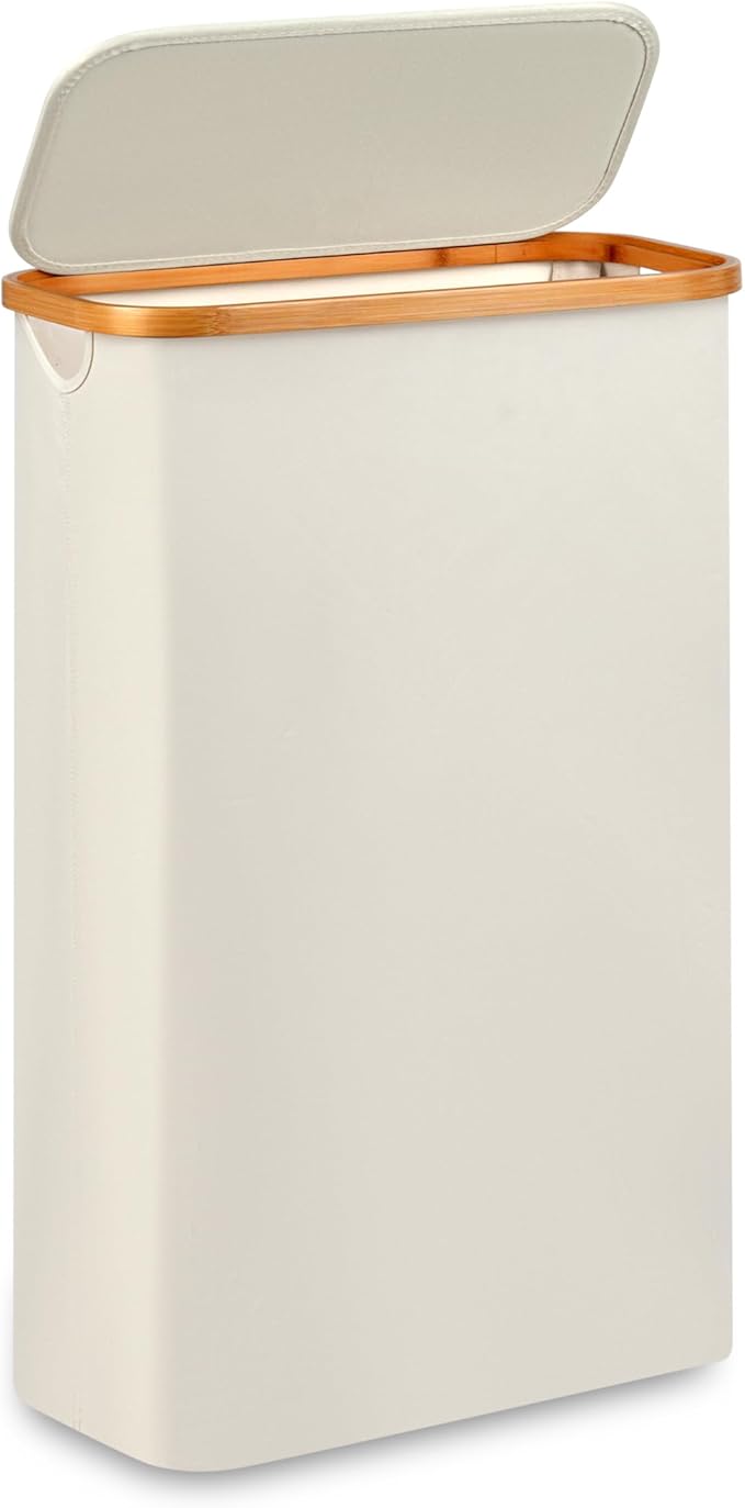 Slim Laundry Hamper,Narrow laundry Hamper with Lid,60L Hamper for Laundry,Dirty Cloth Hamper with Bamboo Handle for Towels, Clothes Organizing,Beige