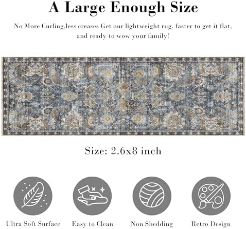 RUGSURE Washable Area Rugs - Perfect for Living Room, Bedroom, Kids Room, Nursery - Stain & Water Resistant Non-Slip, Pet & Child Friendly, Vintage Tribal Area Rugs (Navy, 2'6'' x 8') - Image 2