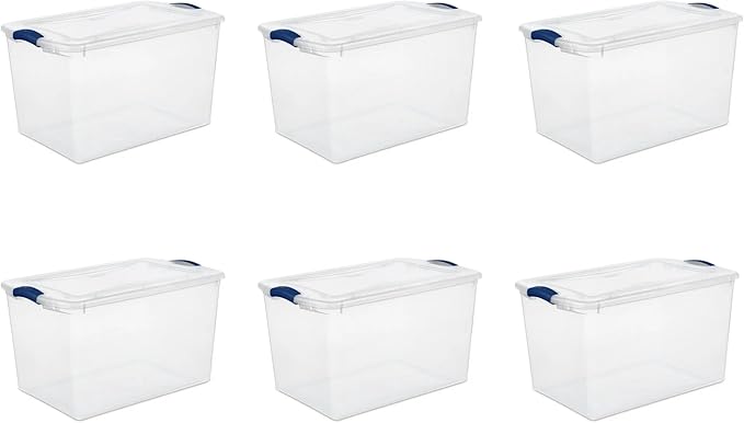 66-Quart Large Storage Bin - Clear Plastic Container with Blue Latch Lid, Airtight & Stackable Design for Garage, Basement or Pantry Organization, Heavy Duty BPA-Free (6 pack)