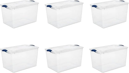 66-Quart Large Storage Bin - Clear Plastic Container with Blue Latch Lid, Airtight & Stackable Design for Garage, Basement or Pantry Organization, Heavy Duty BPA-Free (6 pack)