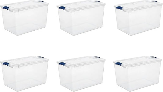 66-Quart Large Storage Bin - Clear Plastic Container with Blue Latch Lid, Airtight & Stackable Design for Garage, Basement or Pantry Organization, Heavy Duty BPA-Free (6 pack)