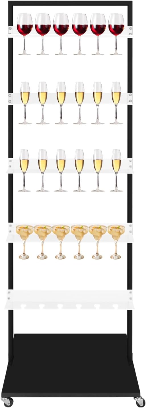 TFCFL 5-Tier Acrylic Champagne Glass Holder with Wheels, Mobile Champagne Rack Shelf, Champagne Wall Holder for Party for Weddings, Graduations, Commemoration, Outdoor Activities (Gold)