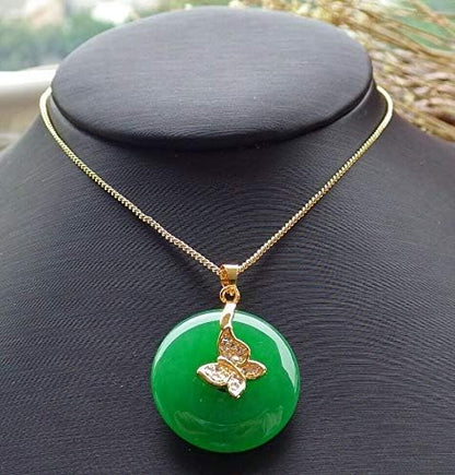 Yellow Gold Plate Green JADE Pendant Circle leaf Chain Diamond Imitation 101478, 24mm X 5mm