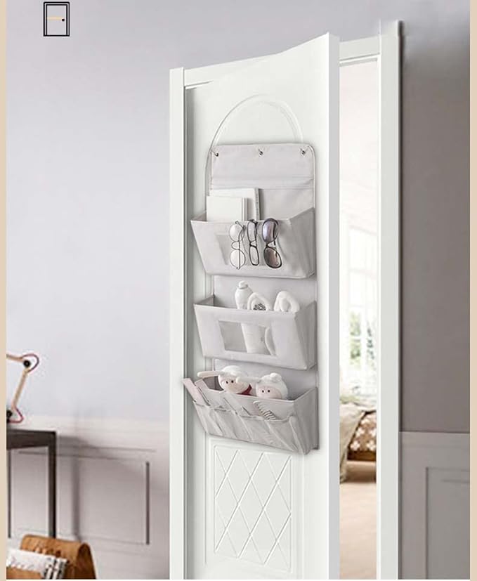Over The Door Hanging Organizer with 2 Clear Pockets, Behind The Door Storage, Diaper Closet Hanging Baby Storage Makeup Organizer - Grey