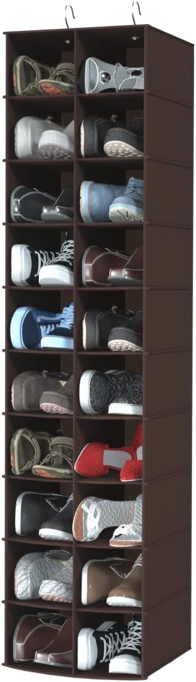 Libeder Hanging Shoe Organizer for Closet, Hanging Closet Organizers 20 Section Shoe Shelves, Space Saving Shoe Holder & Storage, Coffee, 12''W×12''Dx 50''H