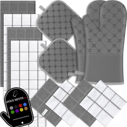 Oven Mitts Kitchen Towels Dishcloths with Pot Holders Sets 12PCS, Dish Towels Sets, Oven Gloves Pot Pads Heat Resistant 500 Degrees with Non-Slip Silicone Surface for Cooking Baking Grilling-Grey by BSKSSK