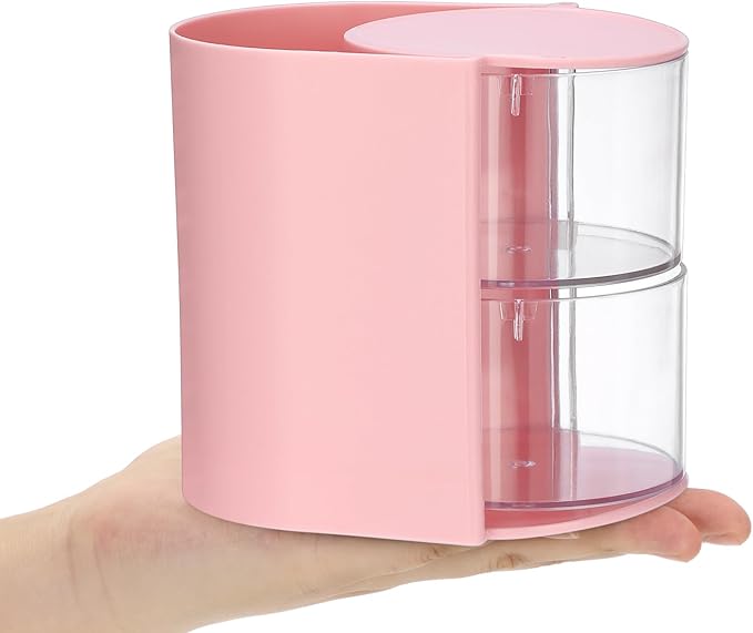 Plastic Hair Accessories Organizer with Brush Holder Rotating Makeup Container Jewelry Storage Box for Vanity Bathroom Countertop, 2-Layer Pink