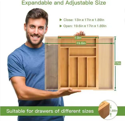 Kitchen Drawer Organizer Expandable Bamboo, Utensil Organizer for Kitchen Drawer, Adjustable Silverware Organizer Tray 13–19.6”, Wooden Cutlery Drawer Organizer, Deep Compartments (4)