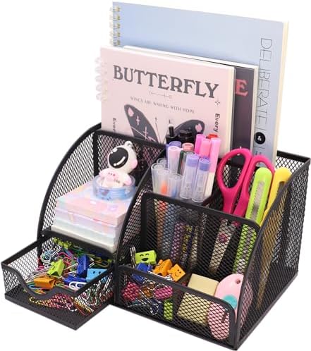 Boutilon Mesh Desk Organizer Desktop Office Supplies Stationary Organizer with 6 Compartments and 1 Drawer Multi-Functional Caddy Pen Holder for Home Office School Desk Decor(Black) by Boutilon