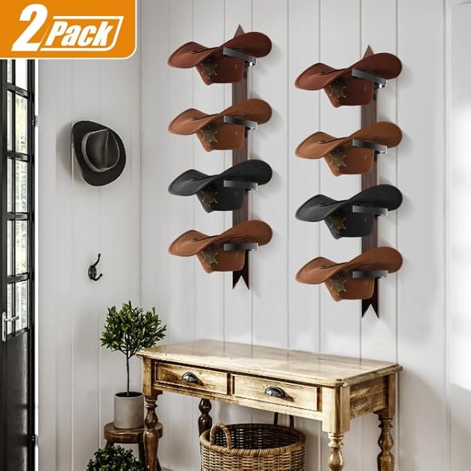 Cinati Cowboy Hat Rack, Cowboy Hat Holder Wall Mount Holds up to 4 Hats, Wooden Western Rustic Metal Cowboy Hat Hanger with Arrow Sign Board, Hat Rack for Cowgirl Hat, Fedora, Sun Hats (2 pack)