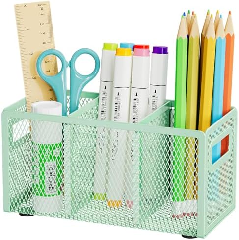 Marbrasse Mesh Pen Holder for Desk, Pencil Holder Desk Organizer 3 Adjustable Compartments, Pencil Cup with Handle Perfect for Classroom, Office, Home, Makeup, Art (Green) by Marbrasse