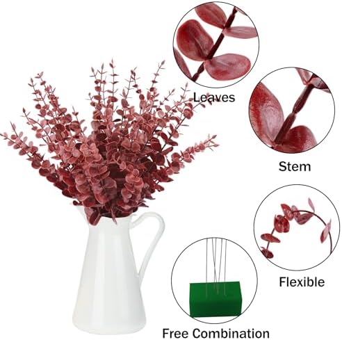 FEQO 36 Pcs Dark Red Artificial Eucalyptus Stems 15" Faux Eucalyptus Branch - Image 3
