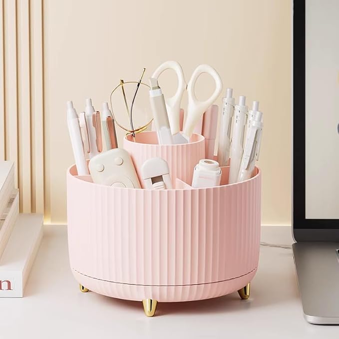 360 Degree Rotating Makeup Brush Holder Organizer Detachable Design 5 Slot Make up Brushes Cup for Cosmetics and Pencil Pen Organizer for Desk Makeup Organizer Skincare Storage for Vanity (pink2)