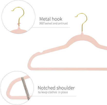 ManGotree Velvet Coat Hangers, Non-Slip Felt Suit Hangers, Ultra-Slim Space Saving Clothes Hanger with 360° Swivel Golden-Plated Hook, 36 Pack (Light Pink)