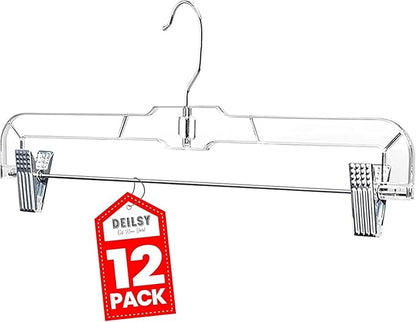 DEILSY™ Pants Hangers with Clips 12 Pack – 14 Inch Clear Plastic Skirt Hangers, 360° Swivel Hook, Clip Hangers for Pants, Skirts, Jeans, Shorts & Trousers – Space Saving, Non-Slip