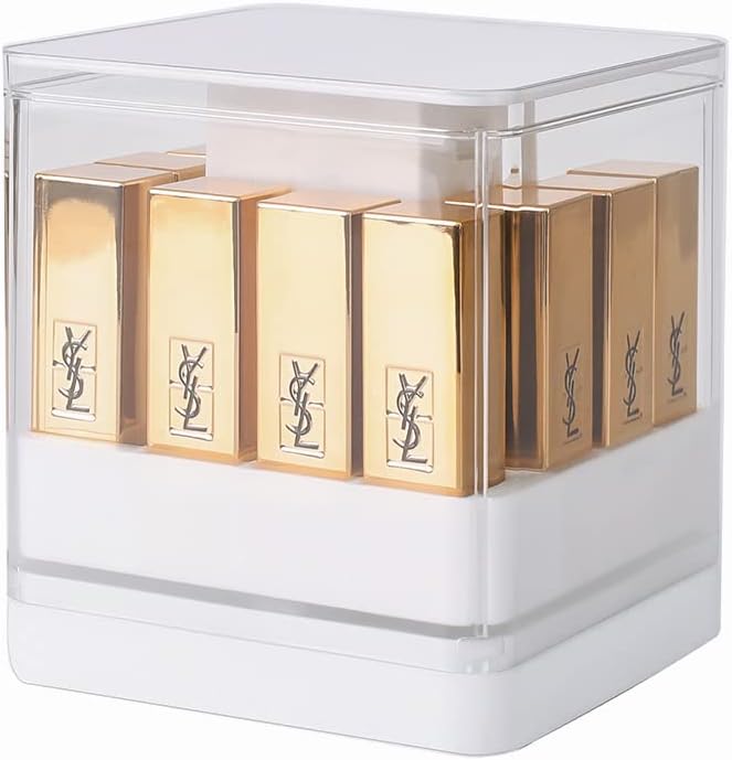 Acrylic Lipstick Holder with Lid, Press Lift Lip Gloss Holder Organizer, 12 Spaces Clear Makeup Lipgloss Display Case,Dust Free Lipstick Storage Box, Fit Most Lipsticks Lip Gloss(White)