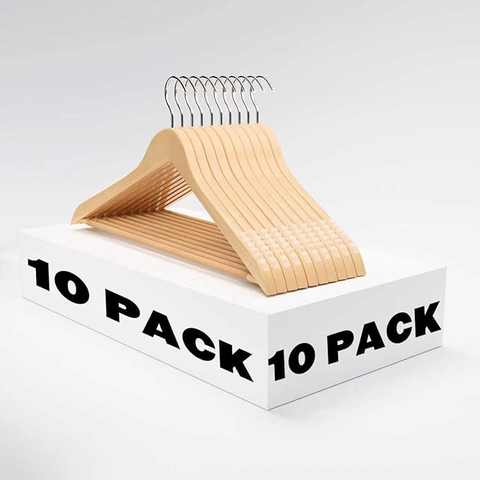 10 Pack Ergonomic Design Wooden Hangers with 360° Swivel Hook, Suit Hanger with Non Slip Pants Bar, Solid Wood Coat Hangers for Dress, Jacket, Pants, Heavy Clothes