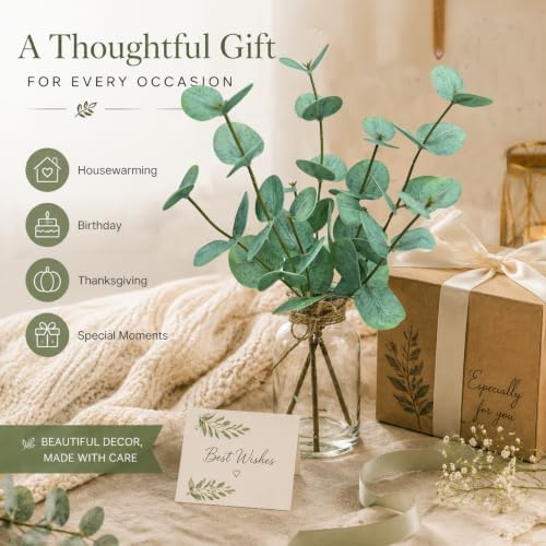 Artificial Eucalyptus Stems in Glass Vase with Faux Water, 13.5" Fake Plants for Home Decor, Office, Bathroom & Farmhouse Weddings - Faux Greenery Plants Decorations - Image 3