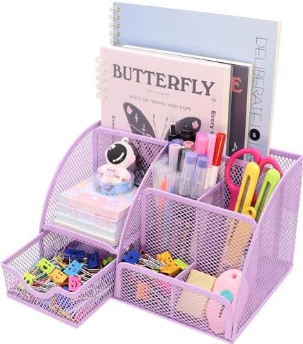 Boutilon Mesh Desk Organizer Desktop Office Supplies Stationary Organizer with 6 Compartments and 1 Drawer Multi-Functional Caddy Pen Holder for Home Office School Desk Decor(Pale Purple) by Boutilon