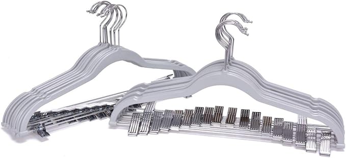Quality Plastic 20-Pack Non Velvet Non-Flocked Thin Compact Coat Hangers with Metal Clips for Skirts Pants Blouses 360° Swivel Hook (Gray, 20)