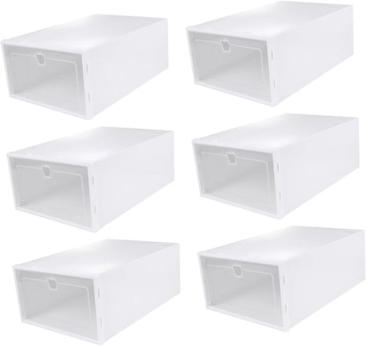 Healifty 6pcs Stackable Shoe Box Organizer Thickened Transparent PP Material Sneaker Storage for High Heels Slippers Boots and Sports Shoes Versatile Closet Display Containers White Frame